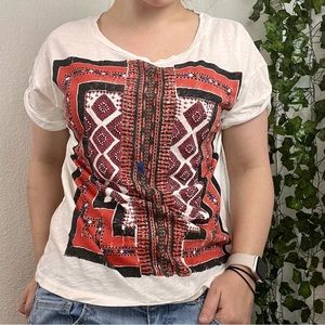 J Crew Graphic Tee Shirt with beaded Accents - Tribal Design